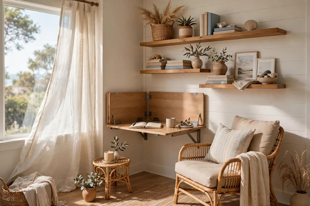 Apartment nook with wall-mounted desk and shelves