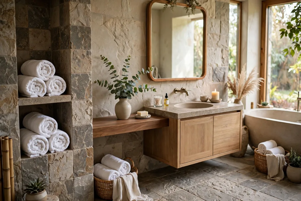 Spa-like bathroom with white towels and eucalyptus