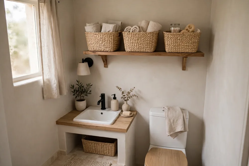 Small bathroom with floating shelf and baskets