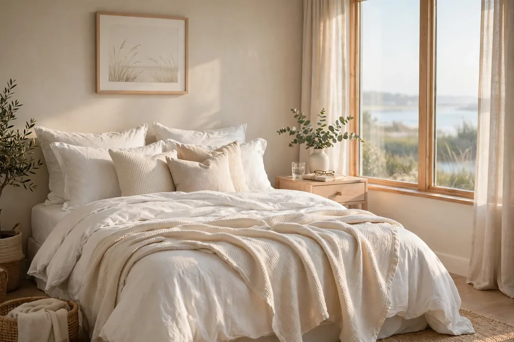 Serene bedroom with layered white bedding