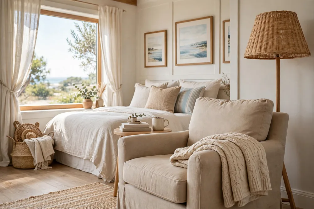 Bedroom reading corner with armchair and lamp