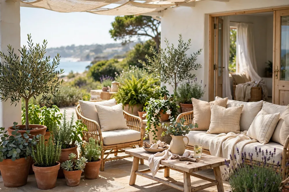 Coastal garden patio with terracotta pots and seating
