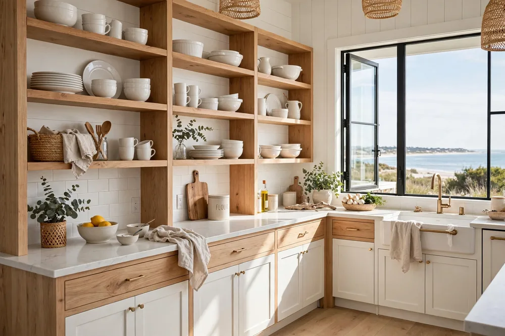 Bright kitchen with open wooden shelving