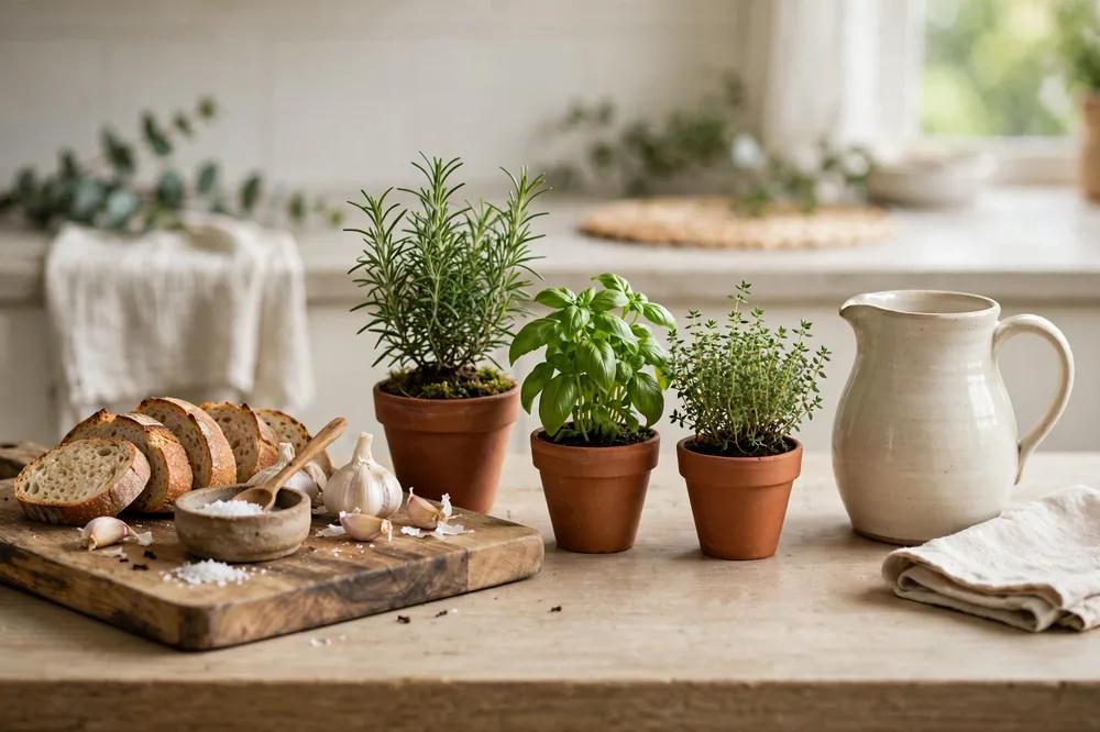 Kitchen counter with herbs and ceramic pitcher