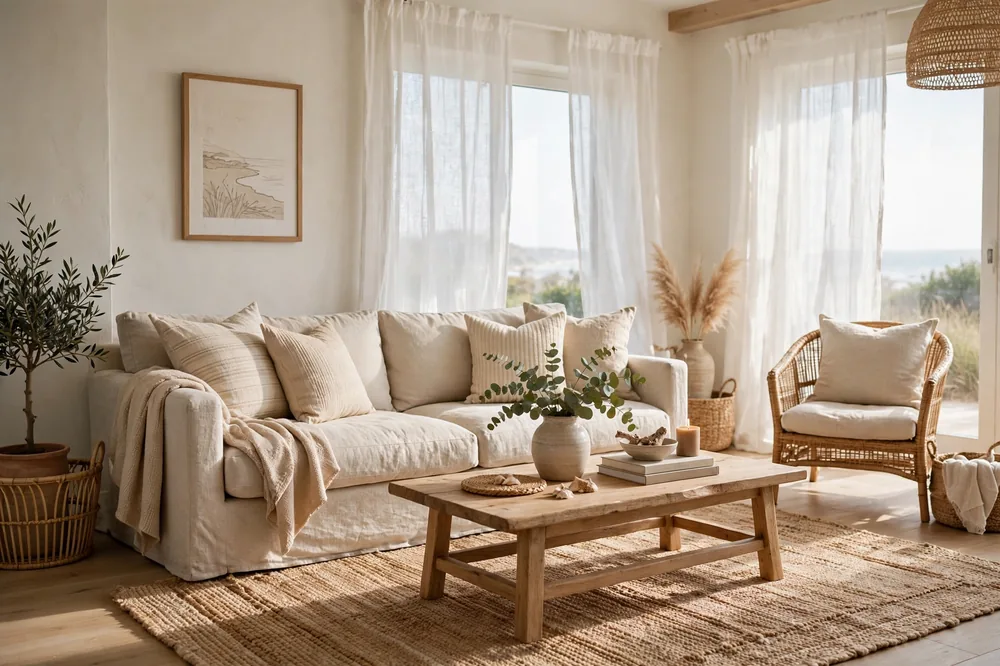 Coastal living room with linen sofa and natural textures