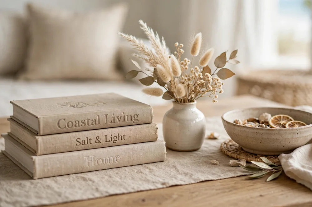 Styled coffee table with books and vase
